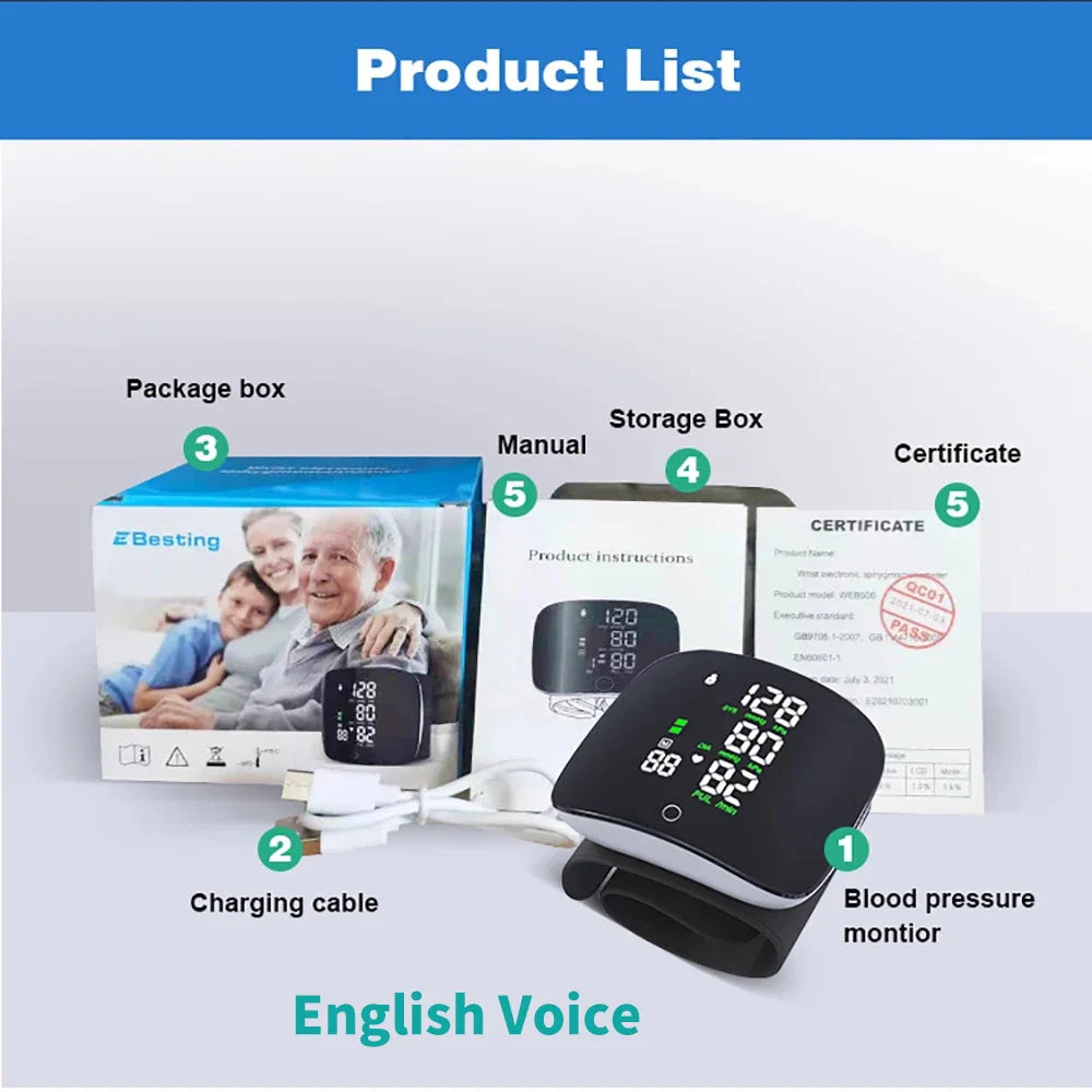 Rechargeable Smart Touch LCD Screen Digital Blood Pressure Monitor with Voice Function and Heart Rate Measurement